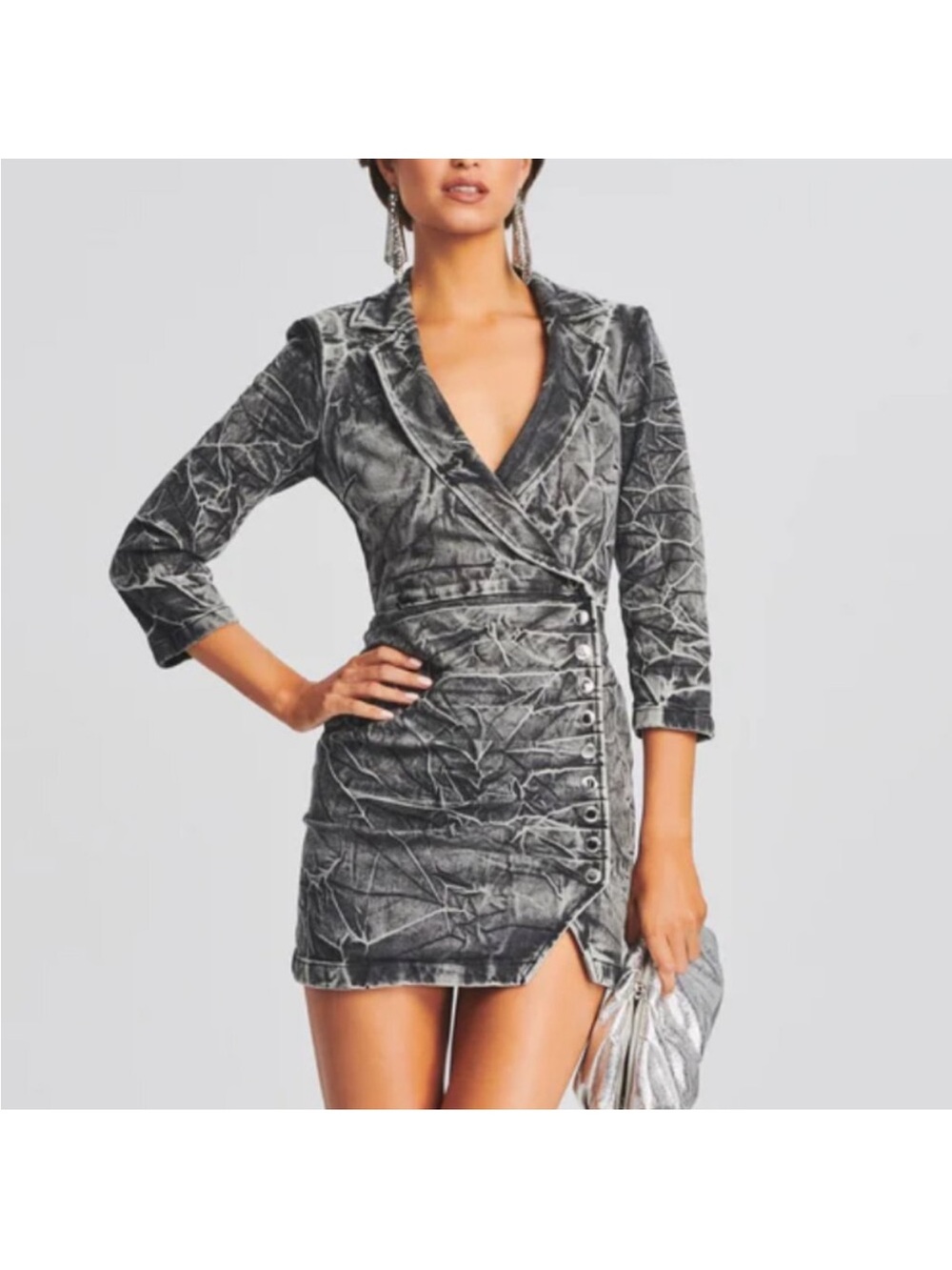 Retrofete Crushed Velvet Wrap Mini Dress in Charcoal